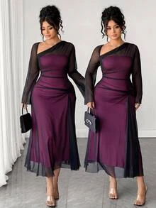 Elenzga Plus Size Elegant Sexy Asymmetrical Neckline Mesh Dress Fall Wedding Cocktail Party Dark Purple - Hot Pink - View 1