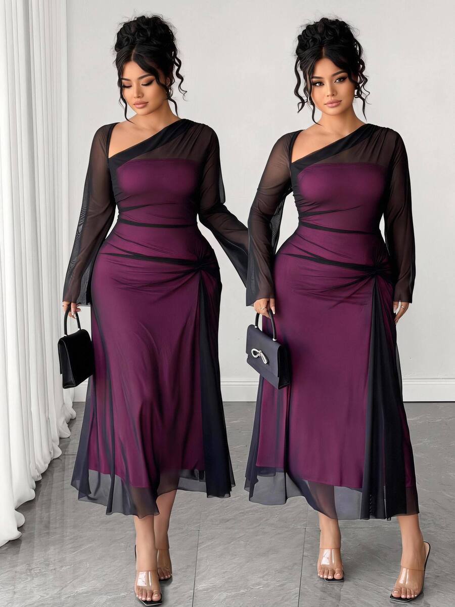 Elenzga Plus Size Elegant Sexy Asymmetrical Neckline Mesh Dress Fall Wedding Cocktail Party Dark Purple - Hot Pink - View 1