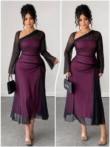 Elenzga Plus Size Elegant Sexy Asymmetrical Neckline Mesh Dress Fall Wedding Cocktail Party Dark Purple - Hot Pink - View 3
