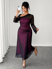 Elenzga Plus Size Elegant Sexy Asymmetrical Neckline Mesh Dress Fall Wedding Cocktail Party Dark Purple - Hot Pink - View 4