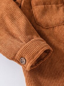 SHEIN Genkimix Kids 幼兒男童燈芯絨連帽襯衫外套，內層抓絨，保暖鈕扣前開口袋襯衫夾克，休閒秋冬外套 - 棕色 - 查看 7