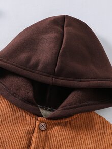 SHEIN Genkimix Kids 幼兒男童燈芯絨連帽襯衫外套，內層抓絨，保暖鈕扣前開口袋襯衫夾克，休閒秋冬外套 - 棕色 - 查看 6