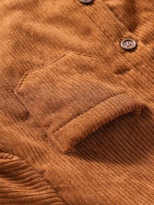 SHEIN Genkimix Kids 幼兒男童燈芯絨連帽襯衫外套，內層抓絨，保暖鈕扣前開口袋襯衫夾克，休閒秋冬外套 - 棕色 - 查看 8