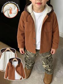 SHEIN Genkimix Kids 幼兒男童燈芯絨連帽襯衫外套，內層抓絨，保暖鈕扣前開口袋襯衫夾克，休閒秋冬外套 - 棕色 - 查看 1