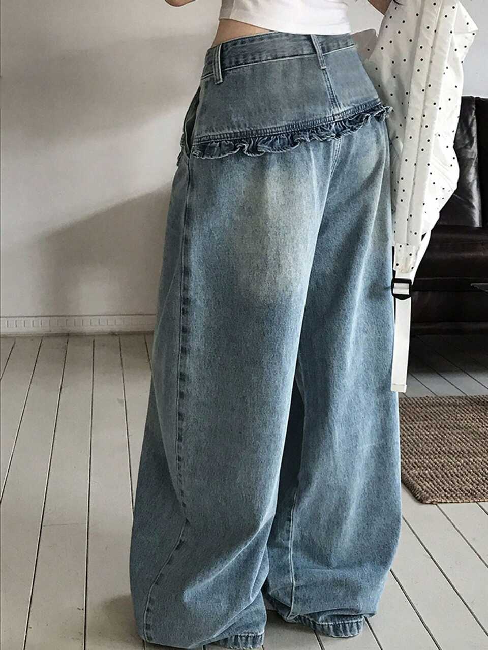 Women's 2 In 1 Washed Denim Jeans Summer Cute Casual Streetwear Tops School Light Blue