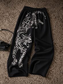 SHEIN 青少年女孩雪豹動物印花寬鬆街頭風長袖外套 - 黑色 - 查看 3