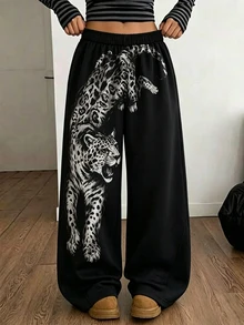 SHEIN 青少年女孩雪豹動物印花寬鬆街頭風長袖外套 - 黑色 - 查看 1
