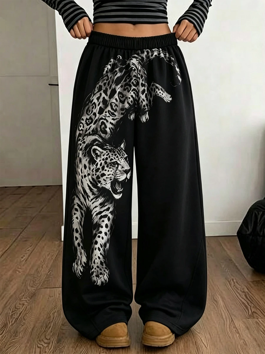 SHEIN 青少年女孩雪豹動物印花寬鬆街頭風長袖外套 - 黑色 - 查看 1