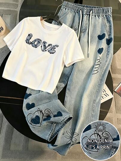 Resyla Women's Casual Kawaii Sports Set Summer Fitted Short Crew Neck Slim White Short Sleeve T-Shirt + Side Pocket Straight Leg Jeans Light Blue