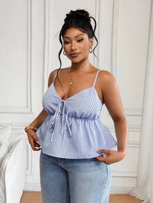 SHEIN PETITE CURVE Plus Size 2025: Blue & Tie Front Cami Top With Bowknot – & Casual R Tops Babydoll Tops, Wearable In All Seasons - Blue - View 5