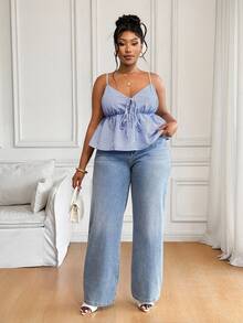 SHEIN PETITE CURVE Plus Size 2025: Blue & Tie Front Cami Top With Bowknot – & Casual R Tops Babydoll Tops, Wearable In All Seasons - Blue - View 3