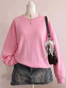 Teen Girl Autumn/Winter Casual Solid Color Thermal Lined Sweatshirt - Pink - View 1