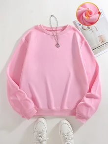 Teen Girl Autumn/Winter Casual Solid Color Thermal Lined Sweatshirt - Pink - View 8