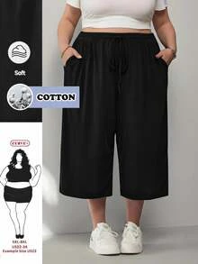 SHEIN CURVE+ 大尺碼女款黑色輕量冰絲羅紋針織休閒長褲，附口袋、抽繩腰頭、寬鬆版型，適合夏季運動與度假，大尺碼女裝 - 黑色 - 查看 10