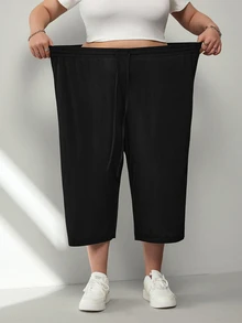 SHEIN CURVE+ 大尺碼女款黑色輕量冰絲羅紋針織休閒長褲，附口袋、抽繩腰頭、寬鬆版型，適合夏季運動與度假，大尺碼女裝 - 黑色 - 查看 8