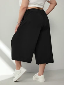 SHEIN CURVE+ 大尺碼女款黑色輕量冰絲羅紋針織休閒長褲，附口袋、抽繩腰頭、寬鬆版型，適合夏季運動與度假，大尺碼女裝 - 黑色 - 查看 2