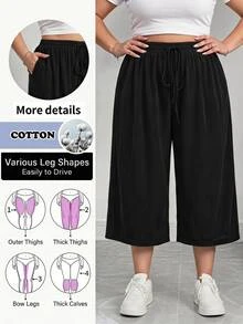 SHEIN CURVE+ 大尺碼女款黑色輕量冰絲羅紋針織休閒長褲，附口袋、抽繩腰頭、寬鬆版型，適合夏季運動與度假，大尺碼女裝 - 黑色 - 查看 9