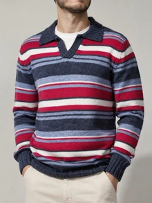 NEOSTRIT Men's Autumn/Winter Casual Colorblock Striped Sweater - Multicolor - View 2