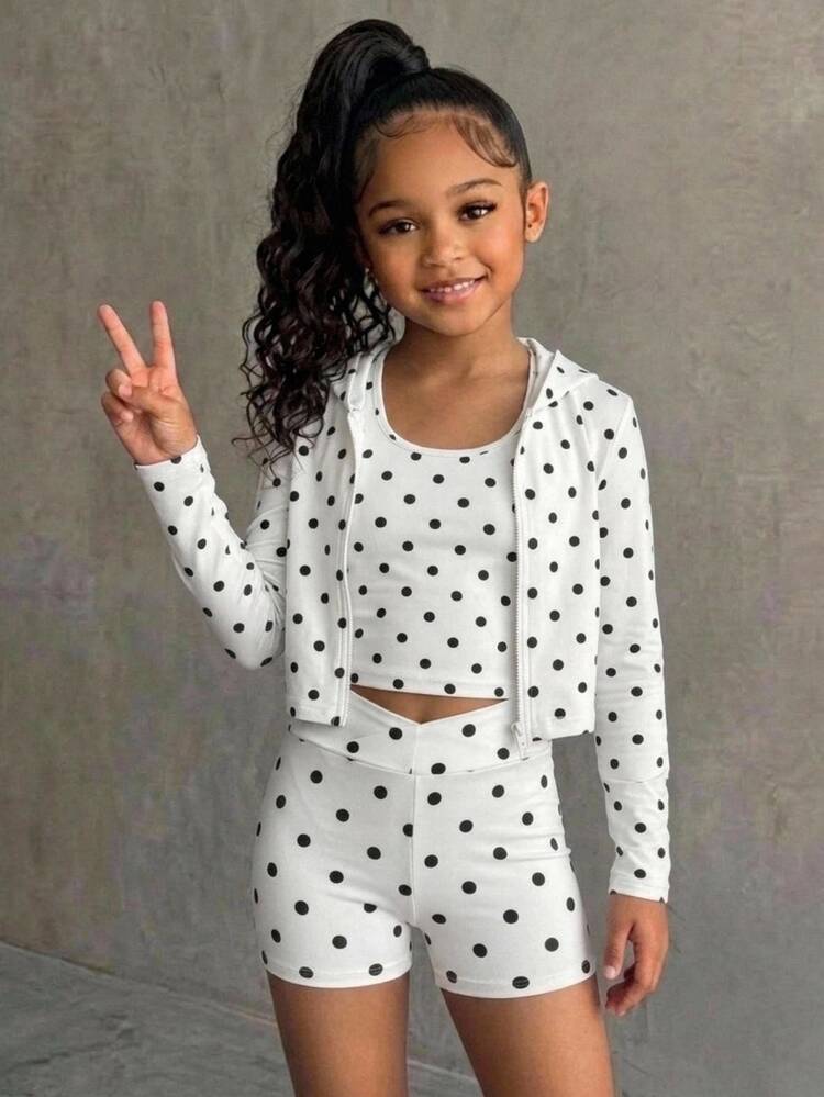 SHEIN Kids Tween Girl Knit Black White Polka Dot Printed 3 Pieces Set Long Sleeve Hooded Neck Zip-Up T-Shirt, Camisole, And Shorts Multi-Color - White - View 8