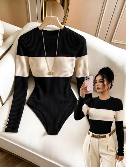 Everyssa Black Apricot Contrast Color Elastic Brushed Vertical Ribbed Knit Bodysuit, Long Sleeve Round Neck Slim Fit Bodysuit, Gold Button Decoration On Cuffs, Soft And Comfortable Fabric, Suitable For Daily Commute, Date, Autumn/Winter Layering, Casual Outings