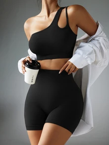 Rhythm Era Plus Size Solid Color One Shoulder Backless Sports Bra - Black - View 6