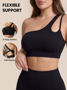Rhythm Era Plus Size Solid Color One Shoulder Backless Sports Bra - Black - View 1