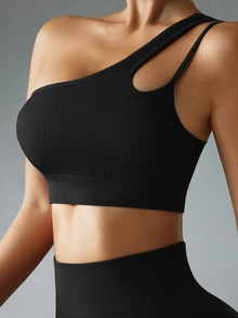 Rhythm Era Plus Size Solid Color One Shoulder Backless Sports Bra - Black - View 5