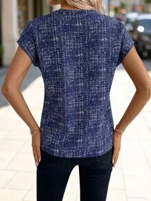 Editum Women's Elegant Fashion Printed V-Neck Blouse,Summer Top - Navy Blue - View 2