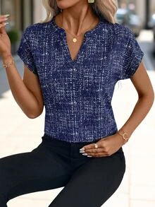 Editum Women's Elegant Fashion Printed V-Neck Blouse,Summer Top - Navy Blue - View 3