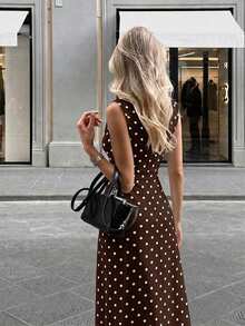 Firerie New Minimalist Elegant Romantic Date Daily Commute White Small Stand Collar Sleeveless Cinched Waist Pleated A-Line Long Dress - Brown - View 2