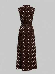 Firerie New Minimalist Elegant Romantic Date Daily Commute White Small Stand Collar Sleeveless Cinched Waist Pleated A-Line Long Dress - Brown - View 6