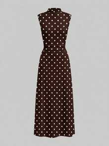Firerie New Minimalist Elegant Romantic Date Daily Commute White Small Stand Collar Sleeveless Cinched Waist Pleated A-Line Long Dress - Brown - View 5