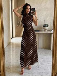 Firerie New Minimalist Elegant Romantic Date Daily Commute White Small Stand Collar Sleeveless Cinched Waist Pleated A-Line Long Dress - Brown - View 4