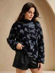 Anewsta Fashionable Autumn/Winter Elegant Versatile Loose Fuzzy Patchwork Leopard Print High Neck Wide Sleeve Wool Knit Pullover Sweater For Women - Black - View 6