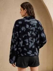 Anewsta Fashionable Autumn/Winter Elegant Versatile Loose Fuzzy Patchwork Leopard Print High Neck Wide Sleeve Wool Knit Pullover Sweater For Women - Black - View 3
