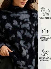 Anewsta Fashionable Autumn/Winter Elegant Versatile Loose Fuzzy Patchwork Leopard Print High Neck Wide Sleeve Wool Knit Pullover Sweater For Women - Black - View 4