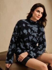 Anewsta Fashionable Autumn/Winter Elegant Versatile Loose Fuzzy Patchwork Leopard Print High Neck Wide Sleeve Wool Knit Pullover Sweater For Women - Black - View 5