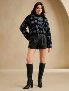 Anewsta Fashionable Autumn/Winter Elegant Versatile Loose Fuzzy Patchwork Leopard Print High Neck Wide Sleeve Wool Knit Pullover Sweater For Women - Black - View 1
