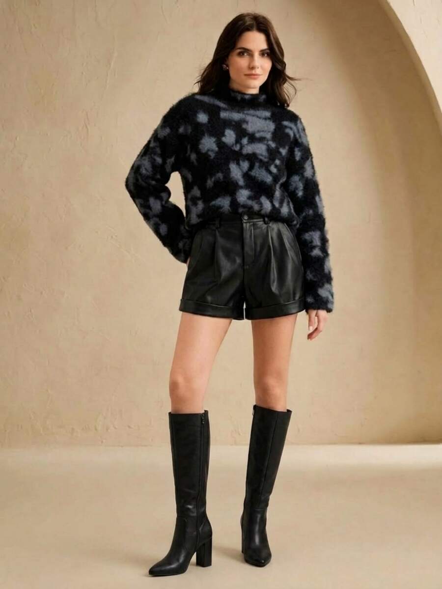 Anewsta Fashionable Autumn/Winter Elegant Versatile Loose Fuzzy Patchwork Leopard Print High Neck Wide Sleeve Wool Knit Pullover Sweater For Women - Black - View 1