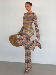 Siren Gaze Striped Casual Vacation Top And Pants Set - Multicolor - View 3