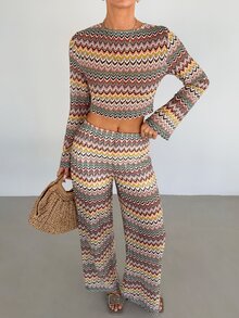 Siren Gaze Striped Casual Vacation Top And Pants Set - Multicolor - View 5