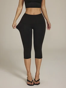 SHEIN ICON Women's Black Solid Color Casual All-Match Versatile Daily Wear Tight Leggings Everyday House Home Summer - Black - View 7