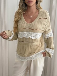 Omancia Sweater Pullover Wanita Leher V dengan Motif Renda dan Patchwork - Khaki - View 4