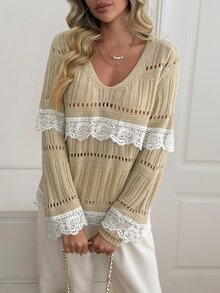 Omancia Sweater Pullover Wanita Leher V dengan Motif Renda dan Patchwork - Khaki - View 6