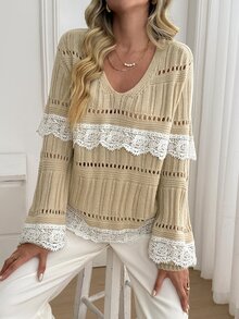 Omancia Sweater Pullover Wanita Leher V dengan Motif Renda dan Patchwork - Khaki - View 7