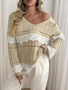 Omancia Sweater Pullover Wanita Leher V dengan Motif Renda dan Patchwork - Khaki - View 3