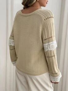 Omancia Sweater Pullover Wanita Leher V dengan Motif Renda dan Patchwork - Khaki - View 2