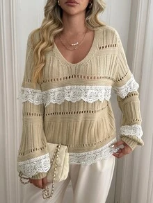 Omancia Sweater Pullover Wanita Leher V dengan Motif Renda dan Patchwork - Khaki - View 5