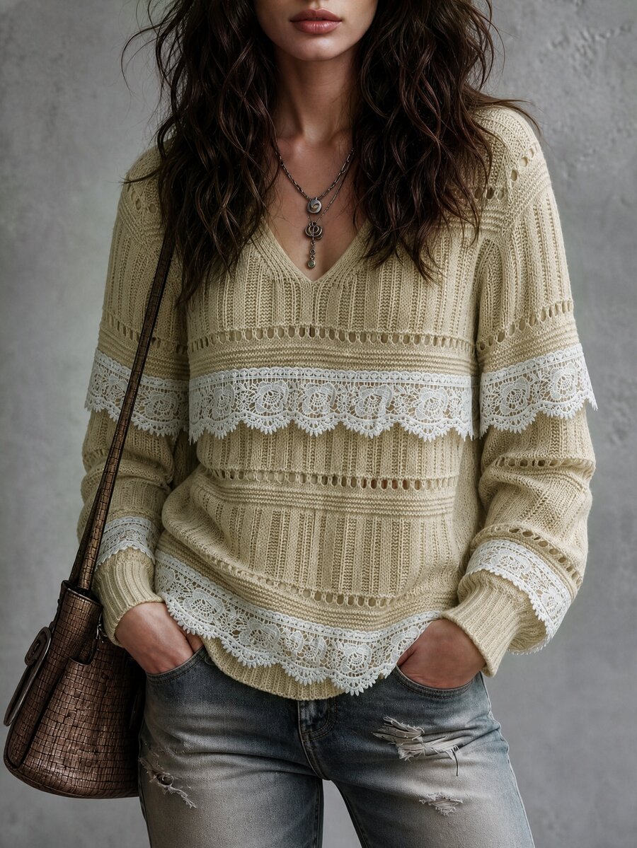 Omancia Sweater Pullover Wanita Leher V dengan Motif Renda dan Patchwork - Khaki - View 1