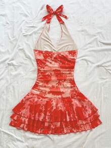 Soleia 女士度假双色廓形花卉印花挂脖 V 领挂脖网眼褶皱迷你连衣裙，浪漫假期、约会、情人节、下午茶 - 彩色 - 查看 2